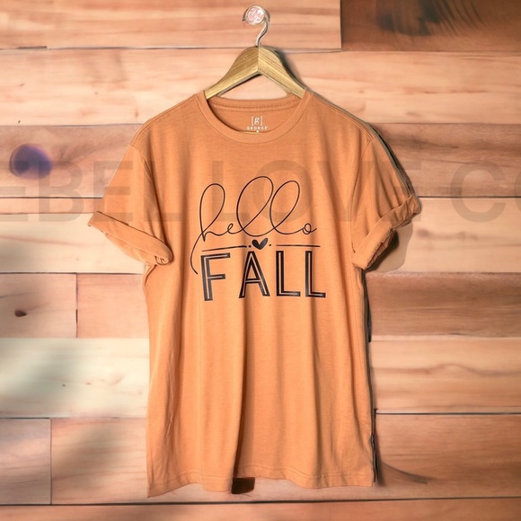 Tops - Hello Fall Orange Unisex Handmade T Shirt Short Sleeve, Pumpkin, autumn